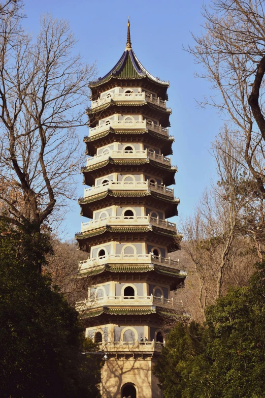 an oriental tower in the middle of the woods