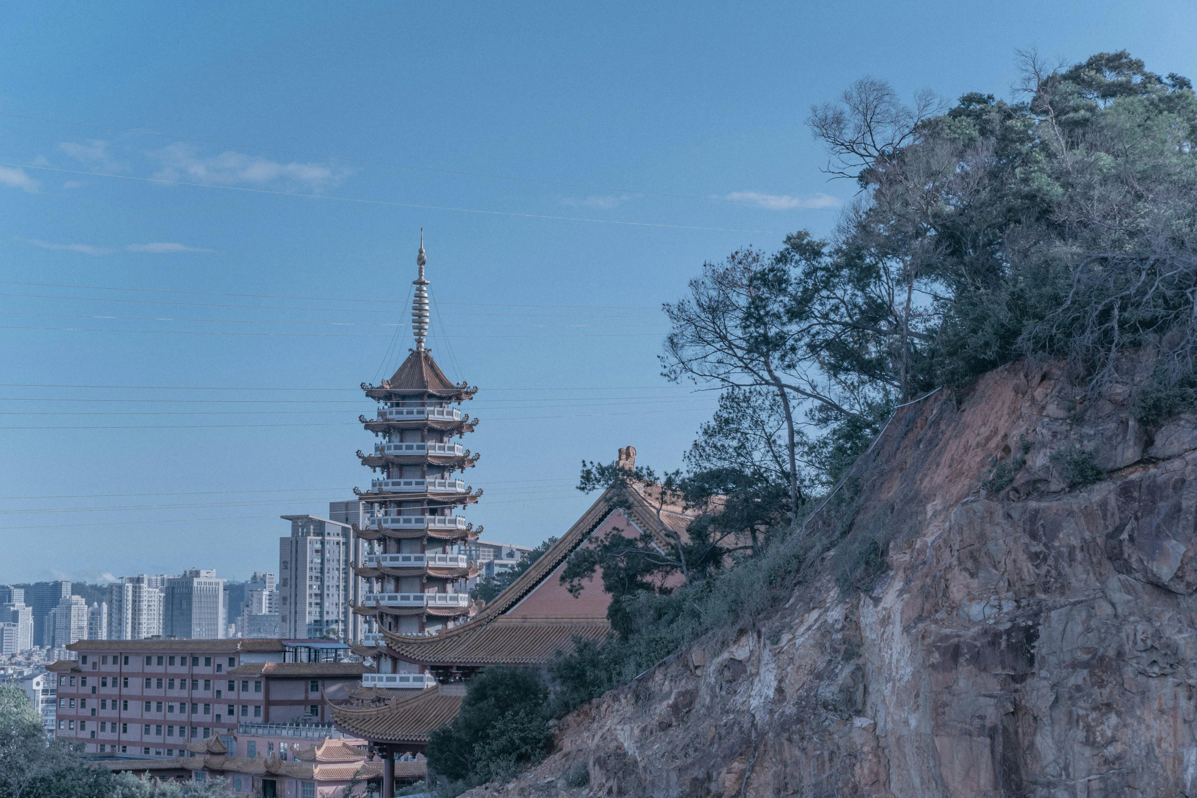 a scenic view of an asian city by water