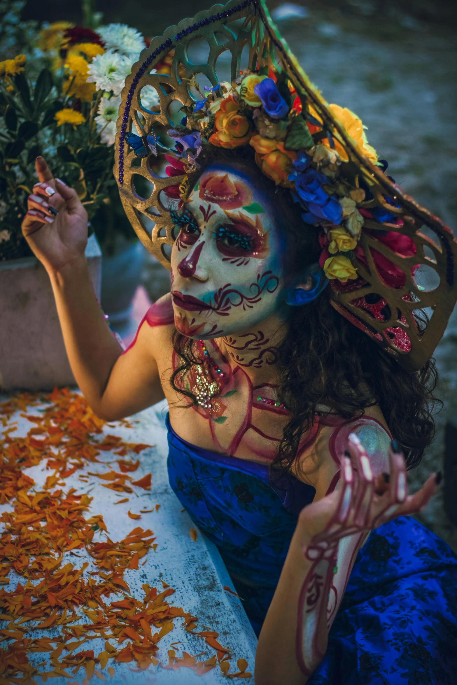 a woman with makeup and body paint on