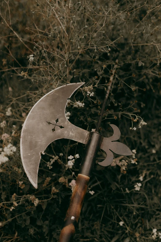 an axe and some white flowers in the background