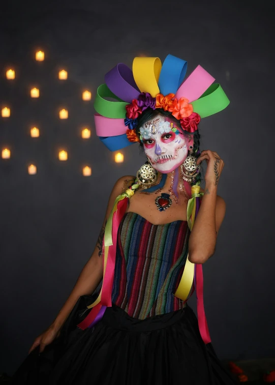 a woman with painted face and colorful head dress