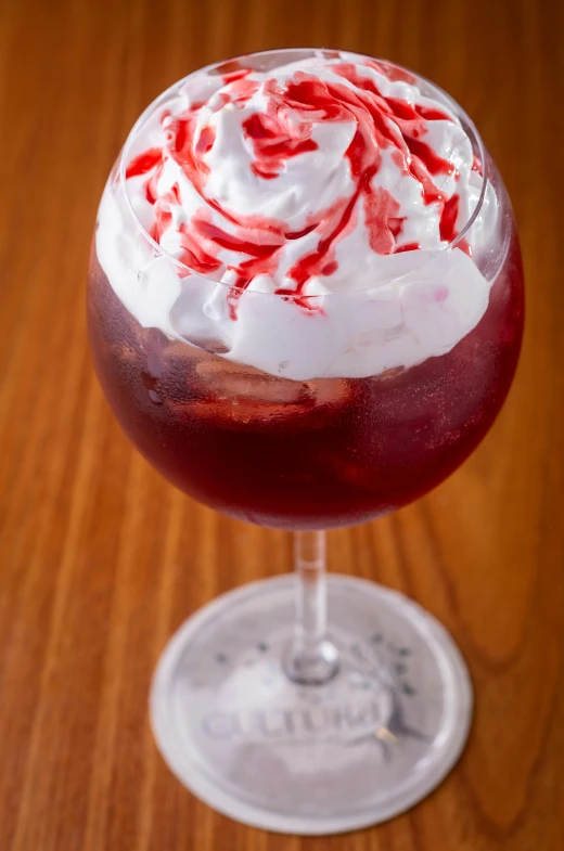 a drink in a tall glass garnished with candy canes