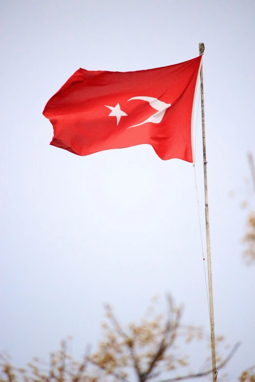 the turkish flag is flying high in the sky