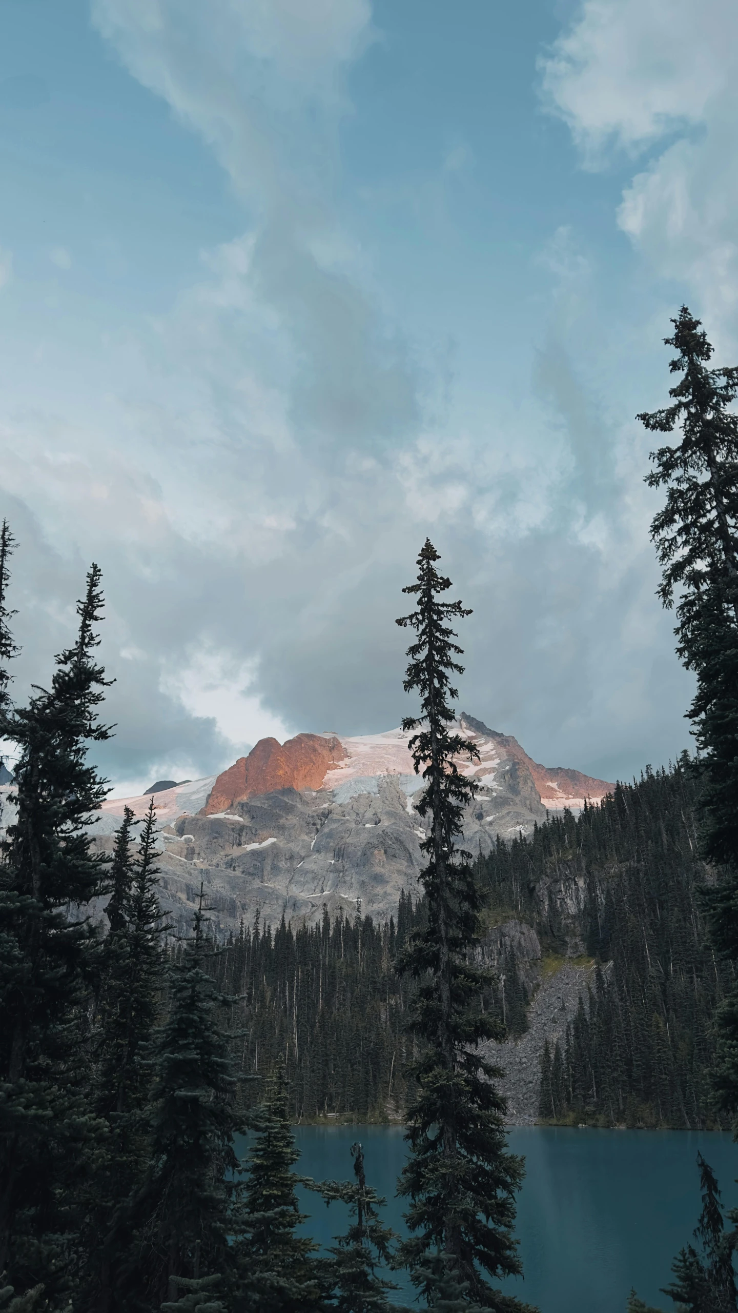 a mountain range with snow on it and trees surrounding