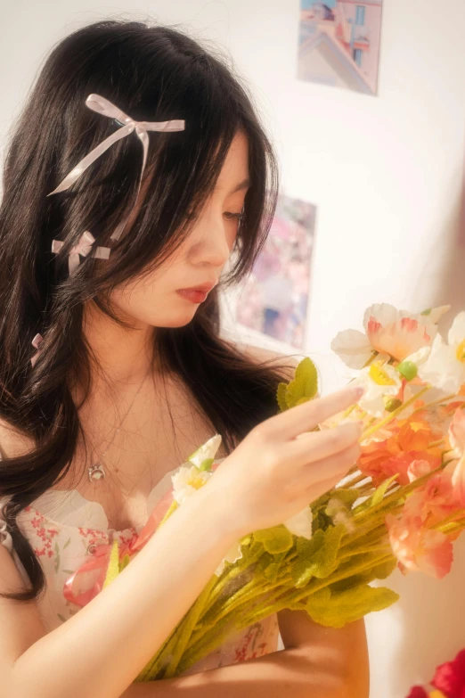 the girl is looking at the flowers with scissors in her hair