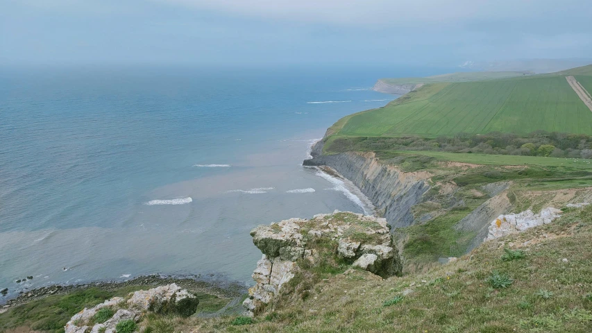 a cliff side on the edge of a grassy coastline