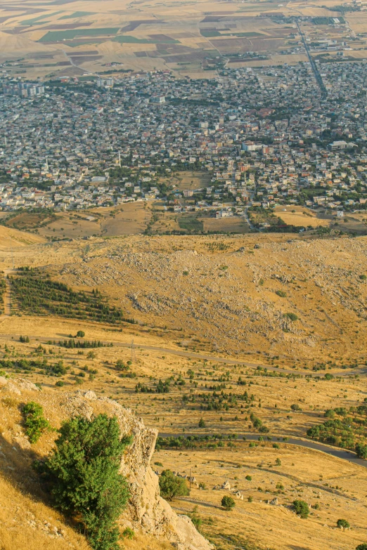 the view of a town and a hill from top of a rock