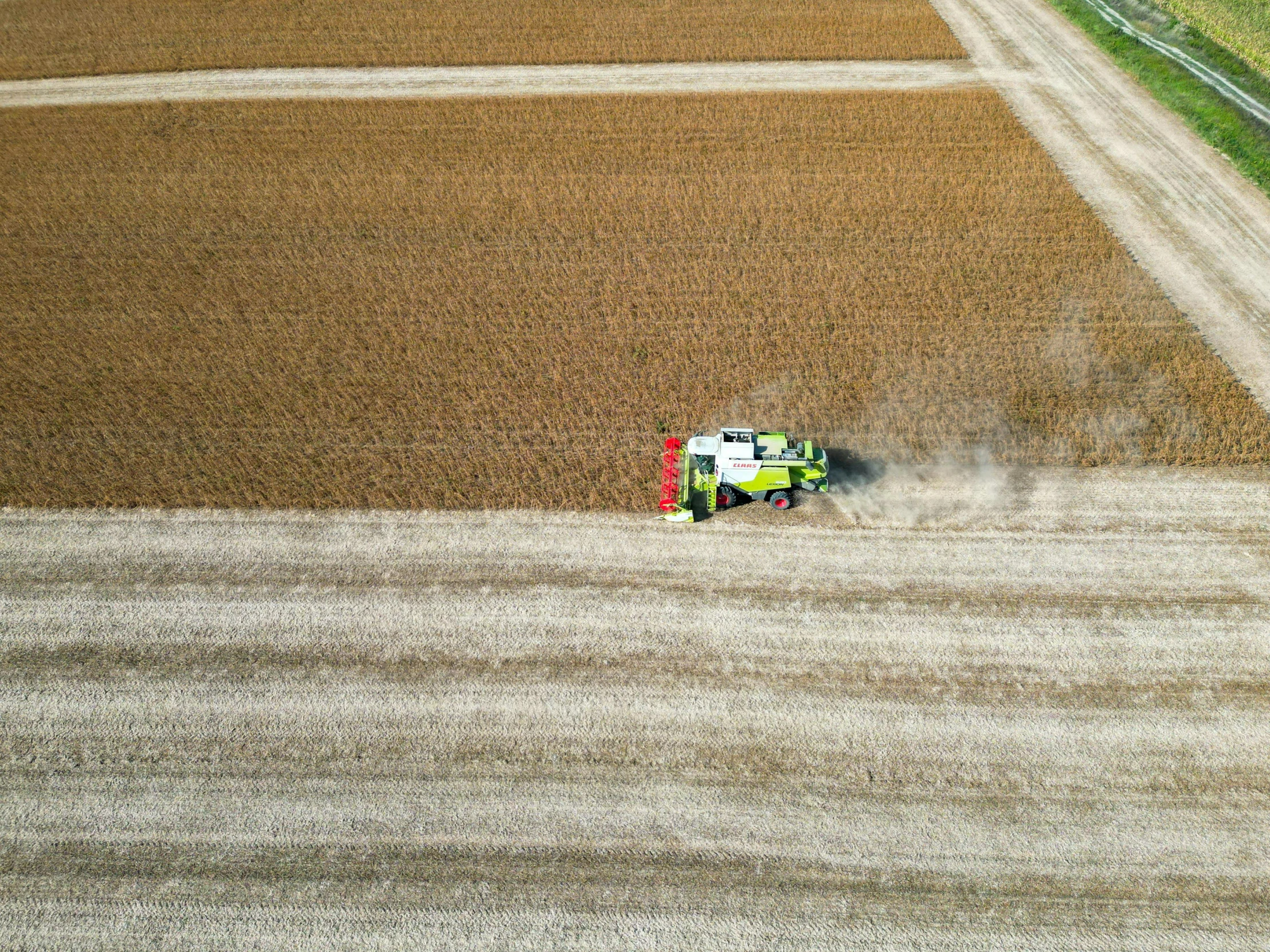 a green and yellow truck in a brown field