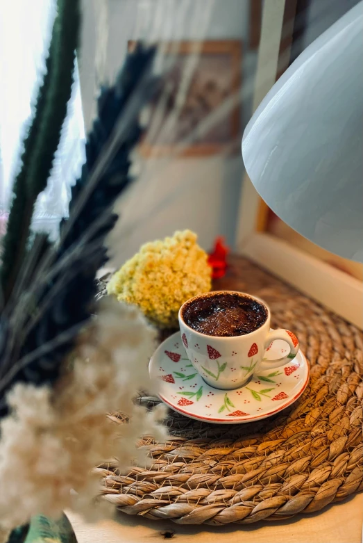 a coffee cup is sitting on top of the table