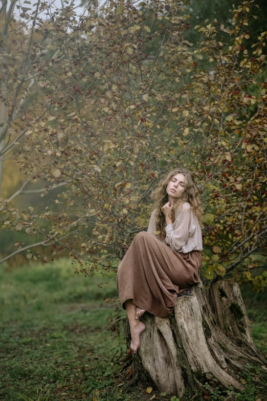 a woman with long hair sitting on a stump in a field