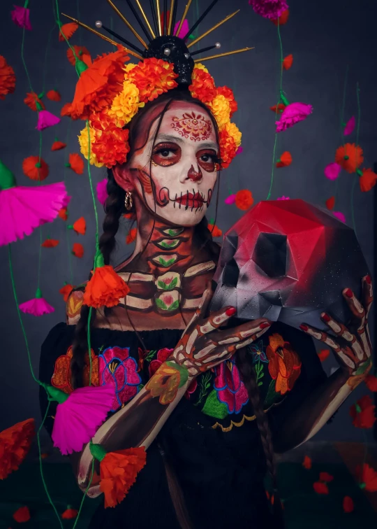 a woman with makeup painted in day of the dead colors holding a skull