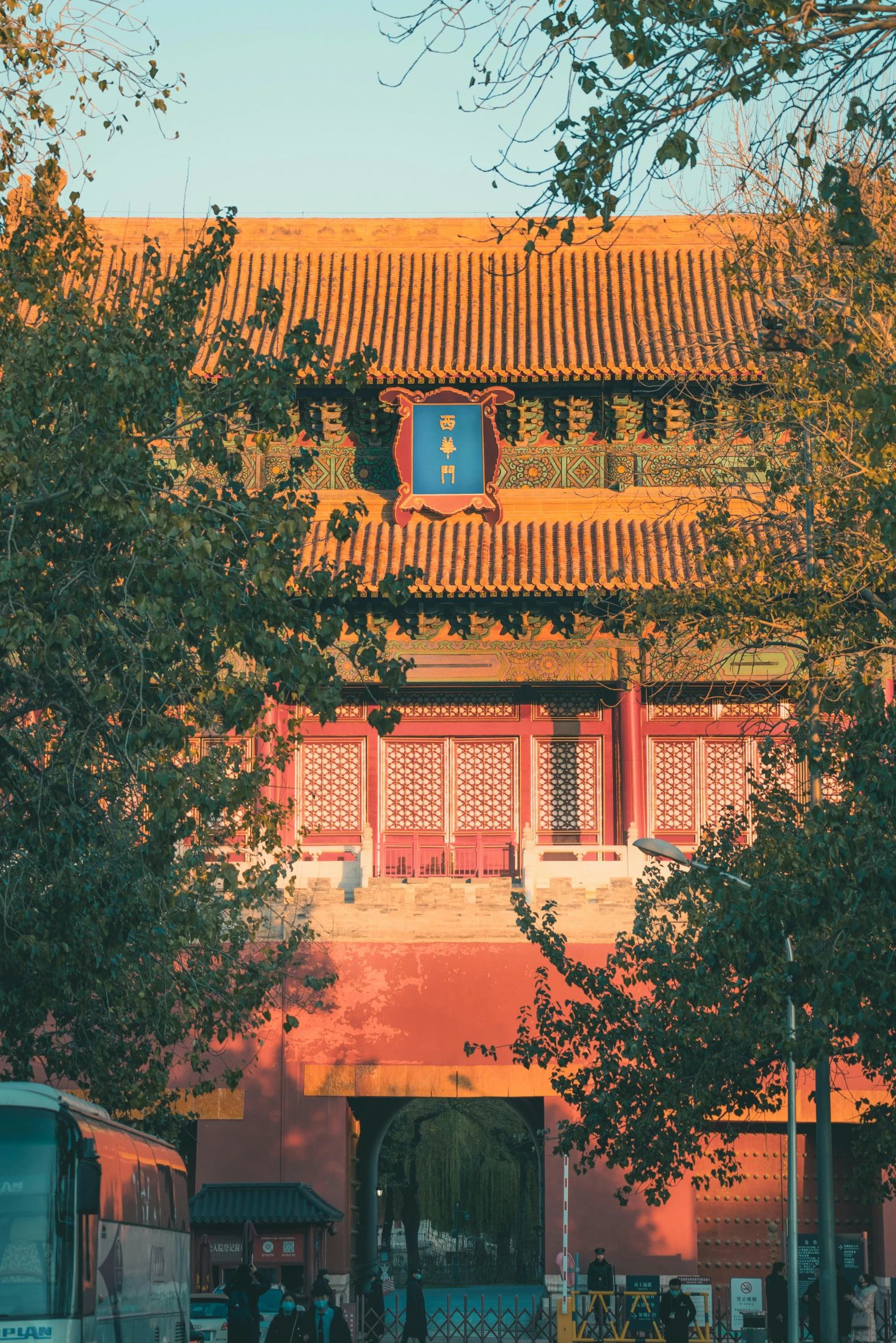 a building with red roof and red door