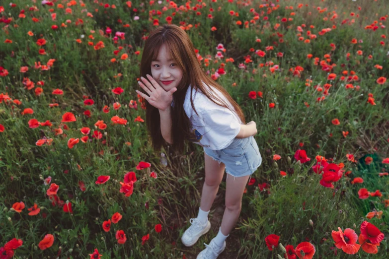 a little girl standing in a field full of red flowers