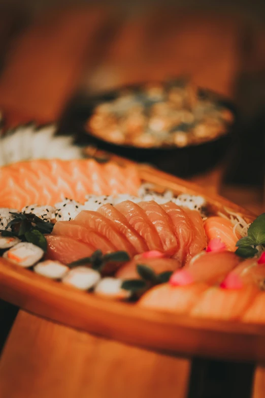 a plate with sushi is on the table