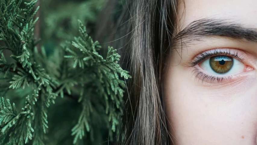 an eye with small gray patches on the iris and green needles on the hair