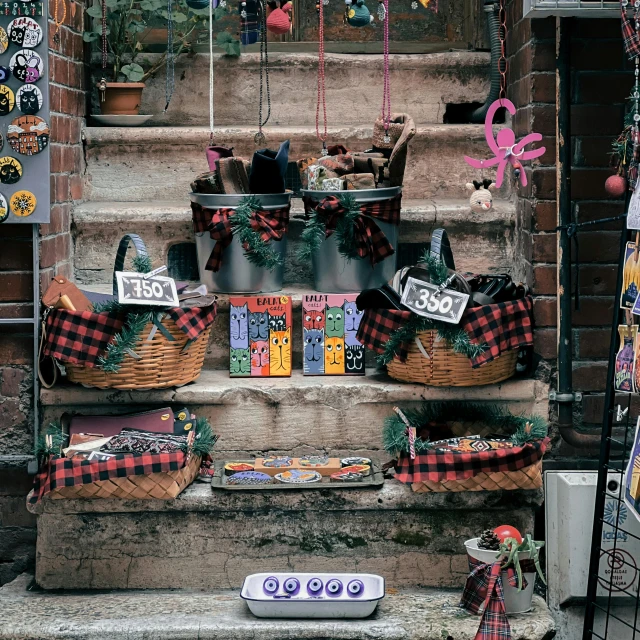 the staircase has an assortment of items to use in christmas decor