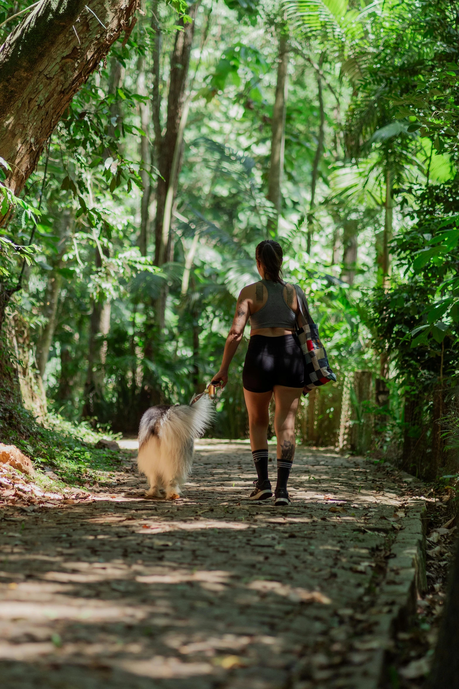 a woman walking a dog through the woods