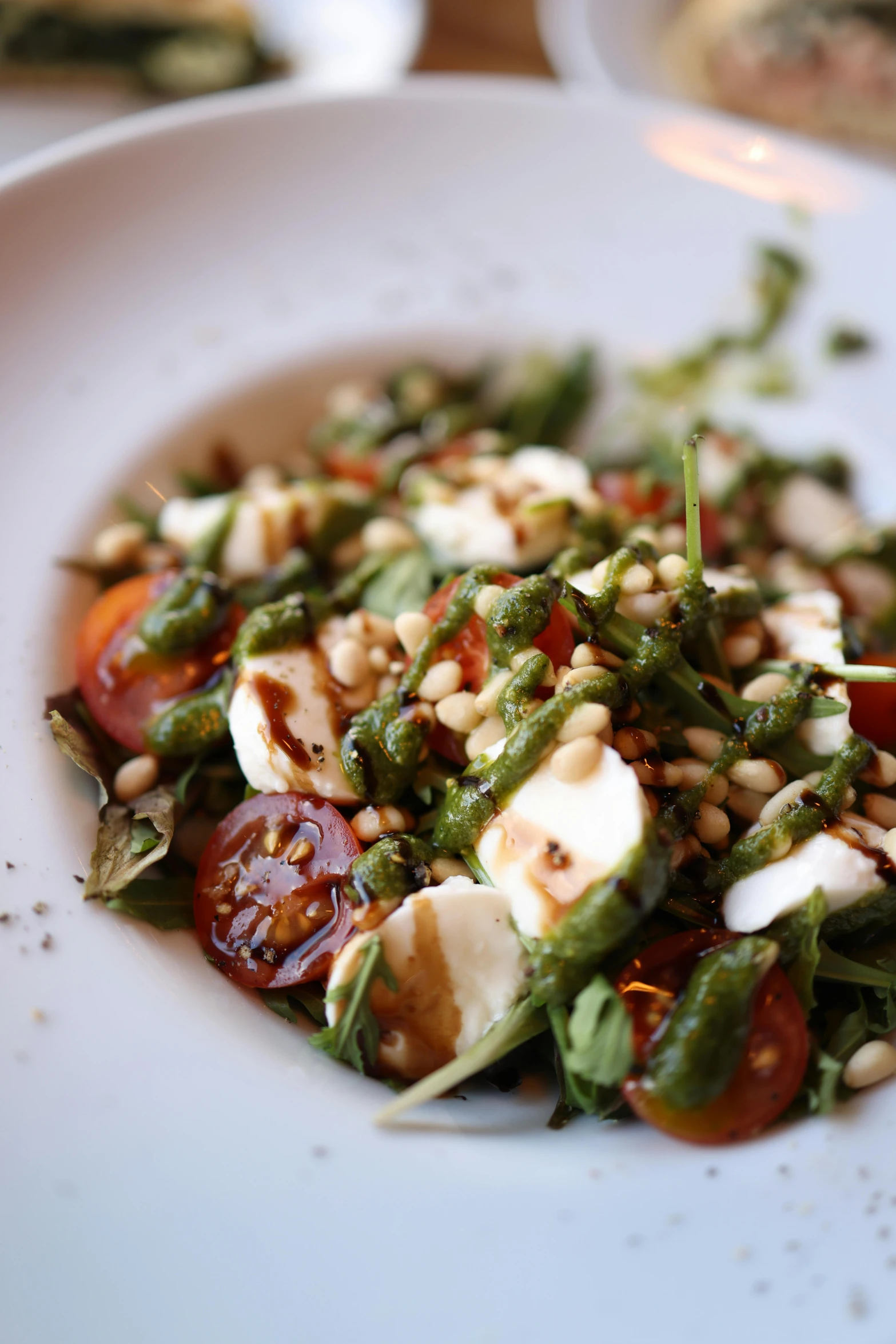 a salad has tomatoes, green beans and mozzarella dressing