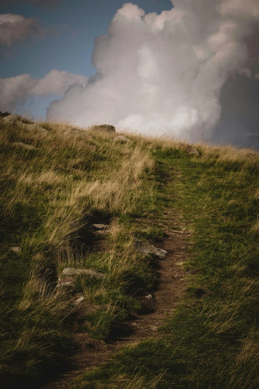 a trail running up a grassy hillside with clouds overhead