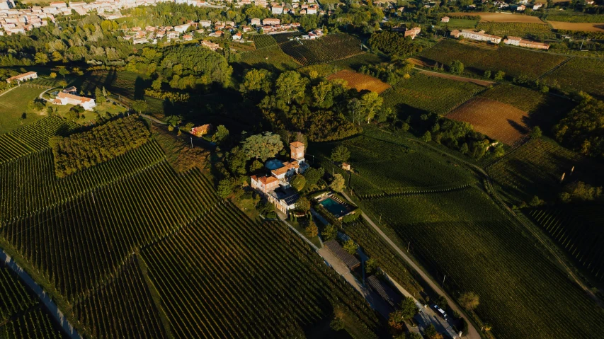 aerial view of landscape and surrounding buildings, with trees