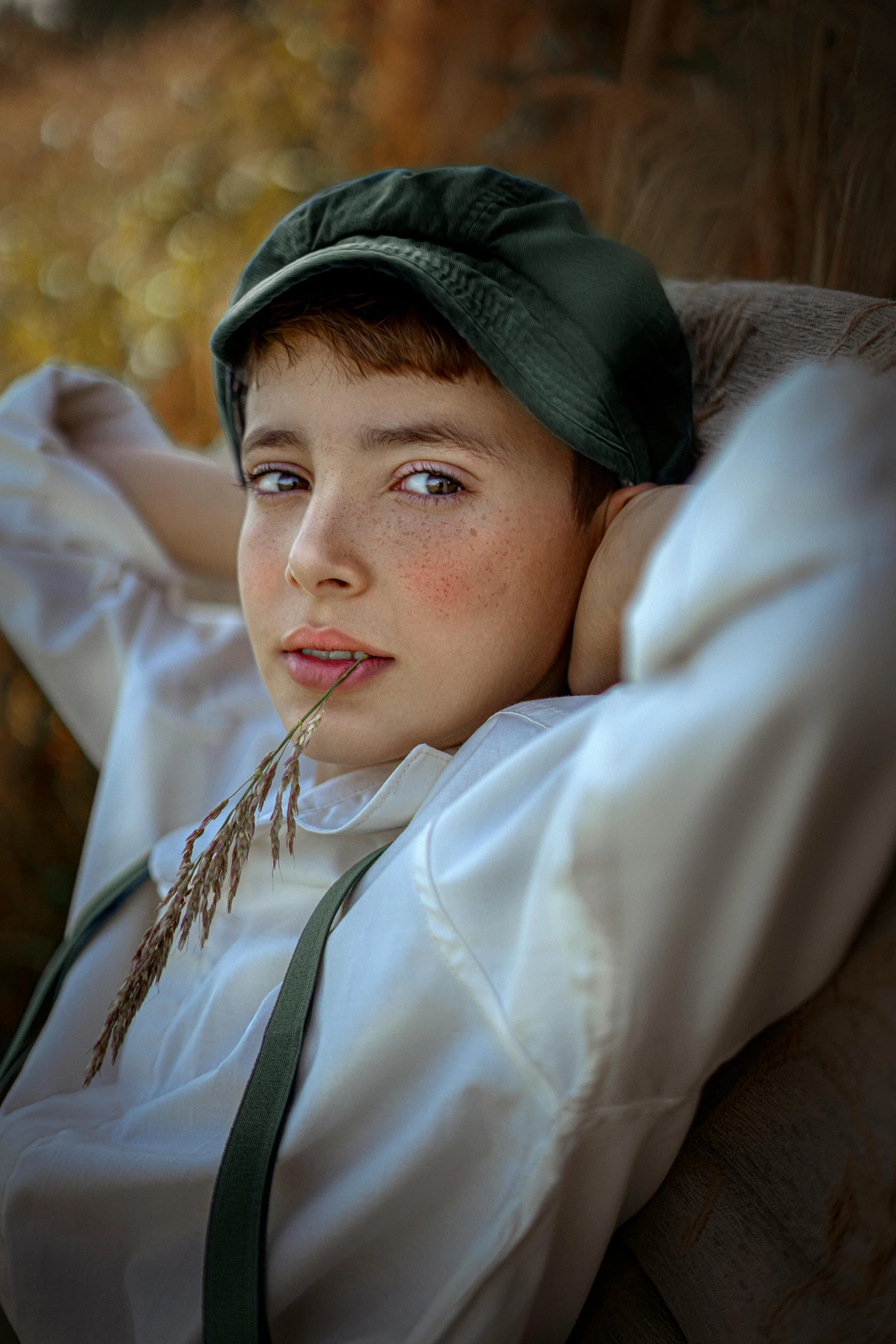 a boy in a white shirt wearing a green hat and necktie