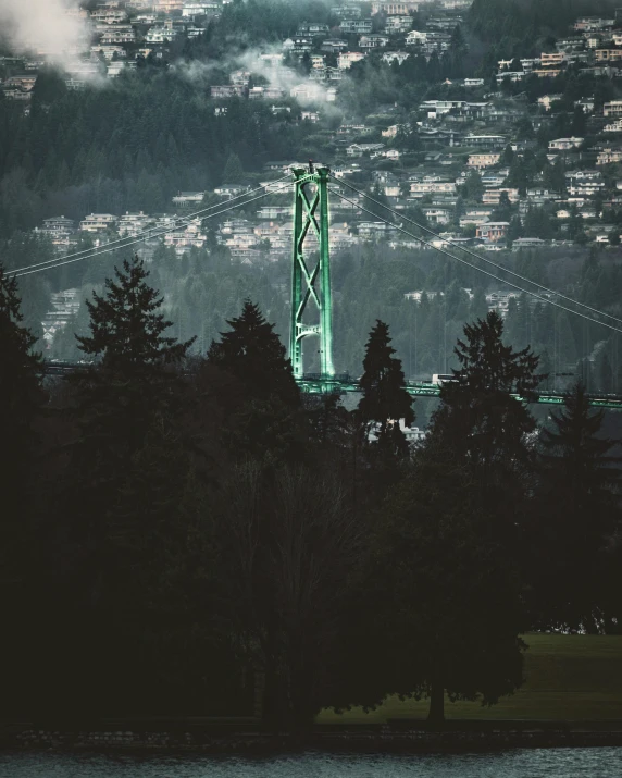 some trees and mountains near water with a green bridge