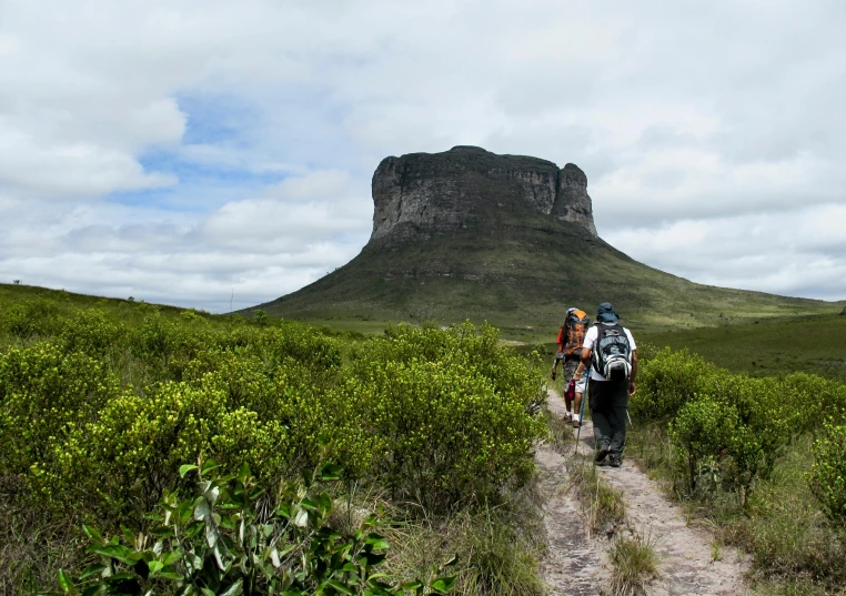 a couple of people walking down a path next to a mountain