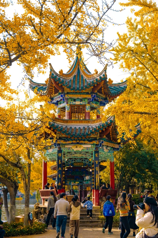 people walk in front of the pagoda of fall colored trees