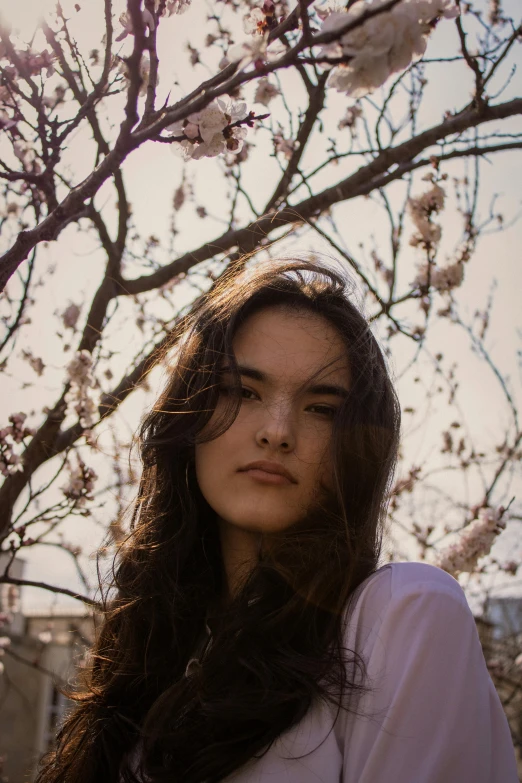 the girl stands in front of a blossoming tree