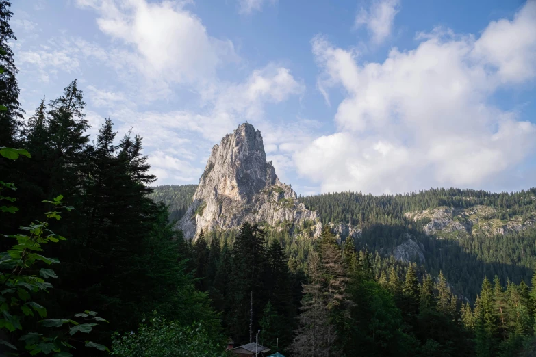 a large mountain that has lots of trees around it