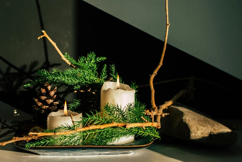 two candles with pine needles are on the table