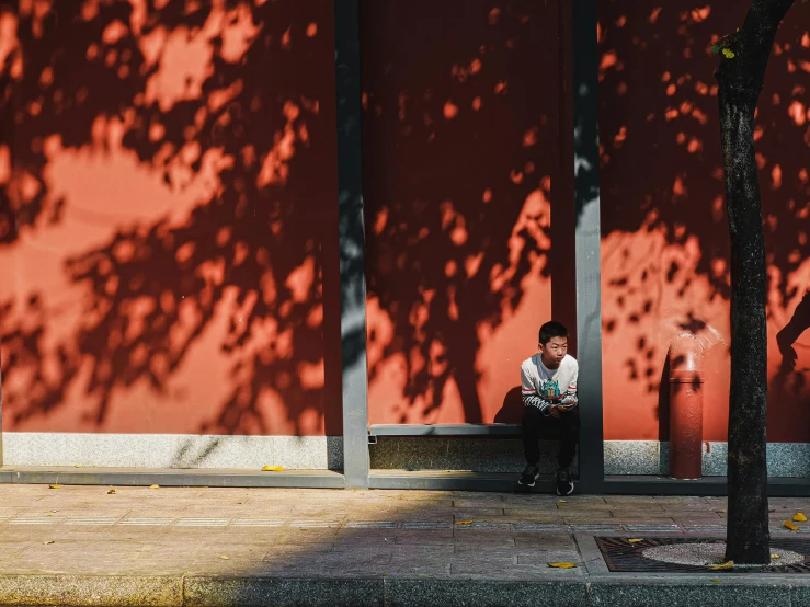 a person sitting on the sidewalk outside near trees