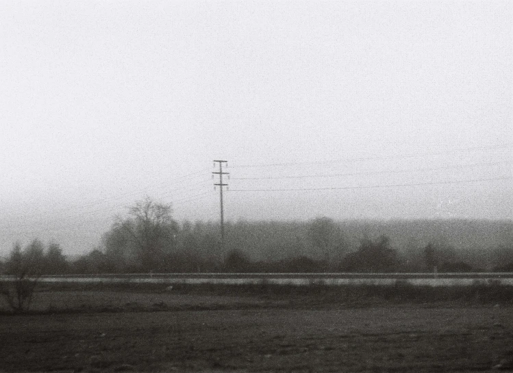 a black and white po with some electrical poles in the distance