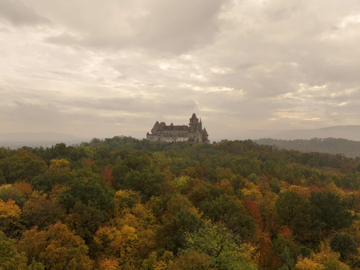 a large old building with a clock tower is in the woods