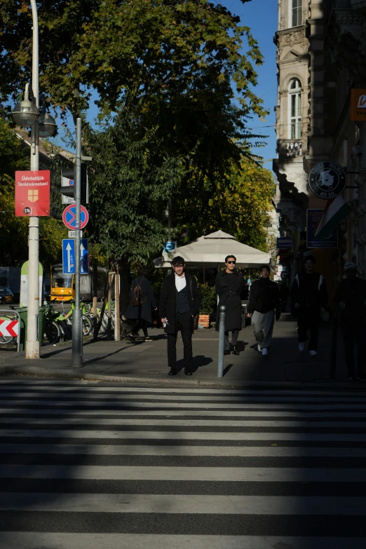 several people walking on the road near a crosswalk