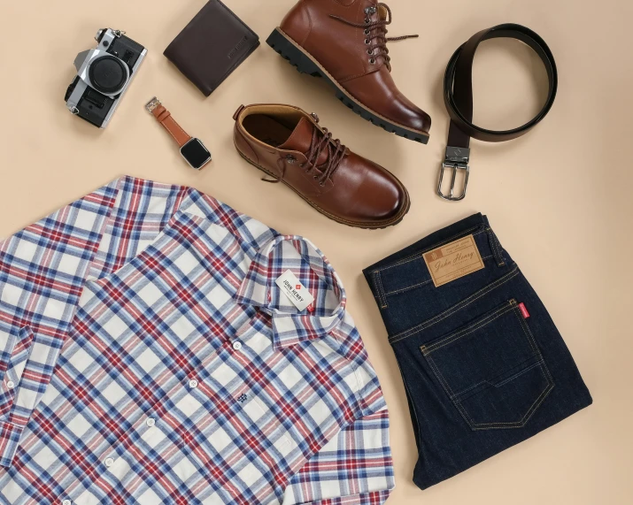 a pair of shoes, a plaid shirt, a brown belt and a wallet and clothes