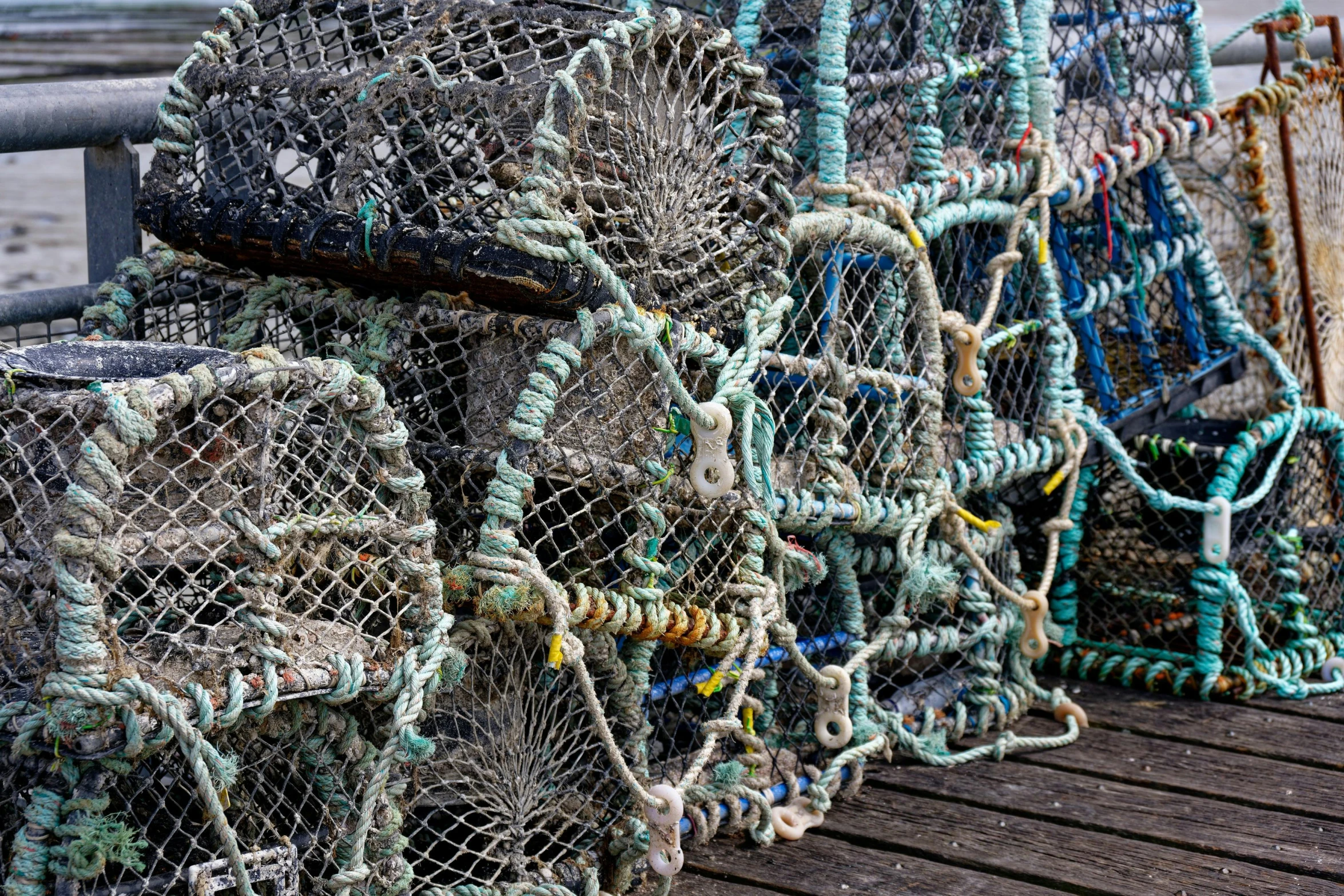 fishing nets, tied to a wooden pier, at the beach