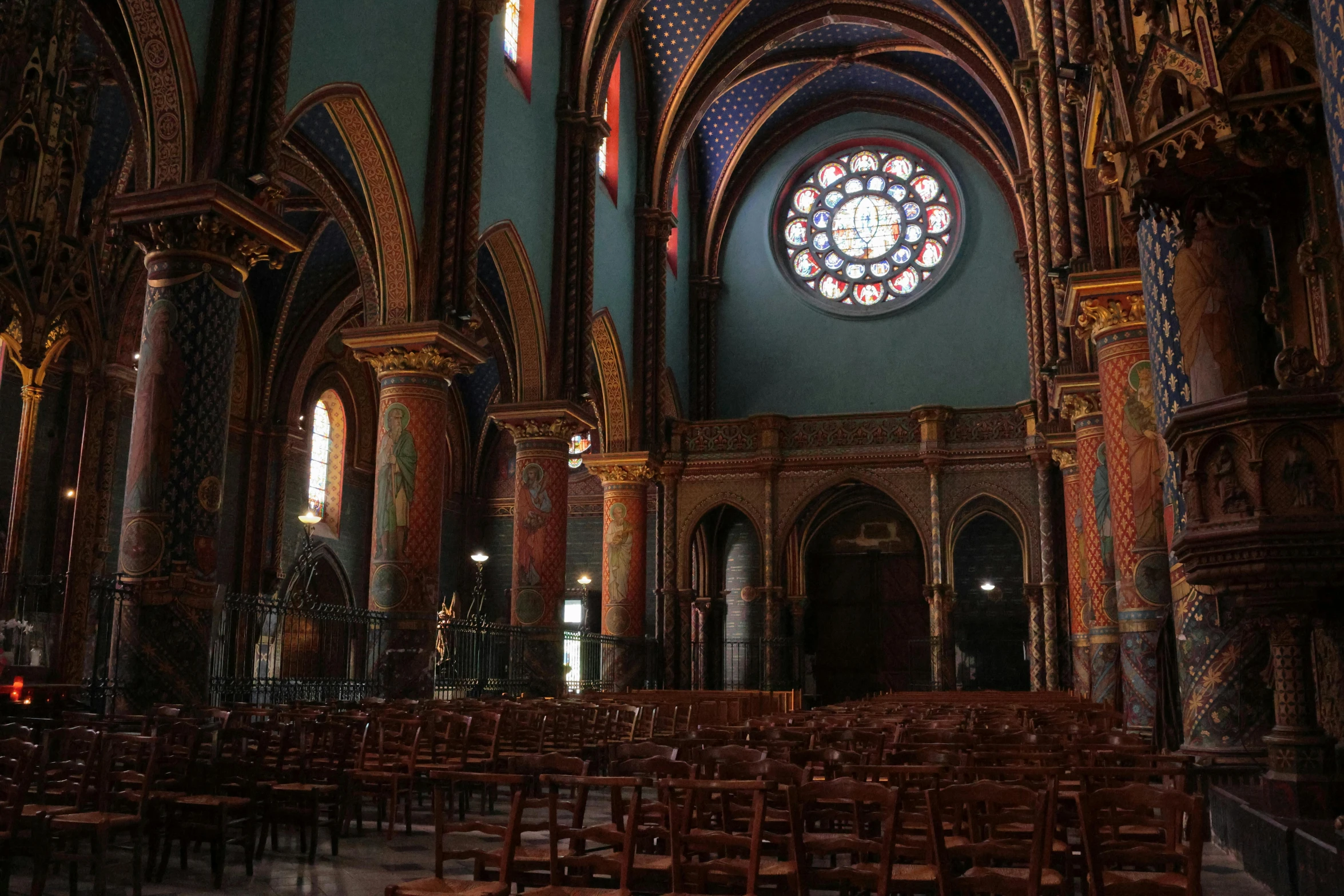 the interior of a building with a large round window