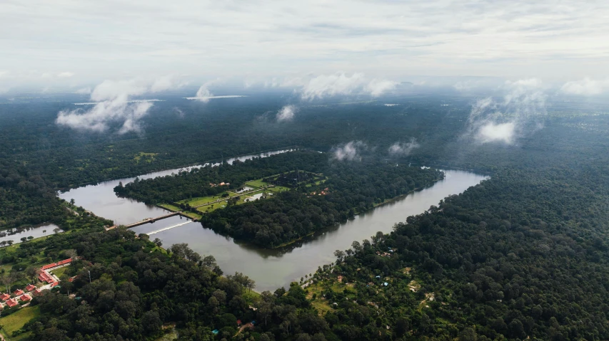 an aerial po of trees, water, and a bridge