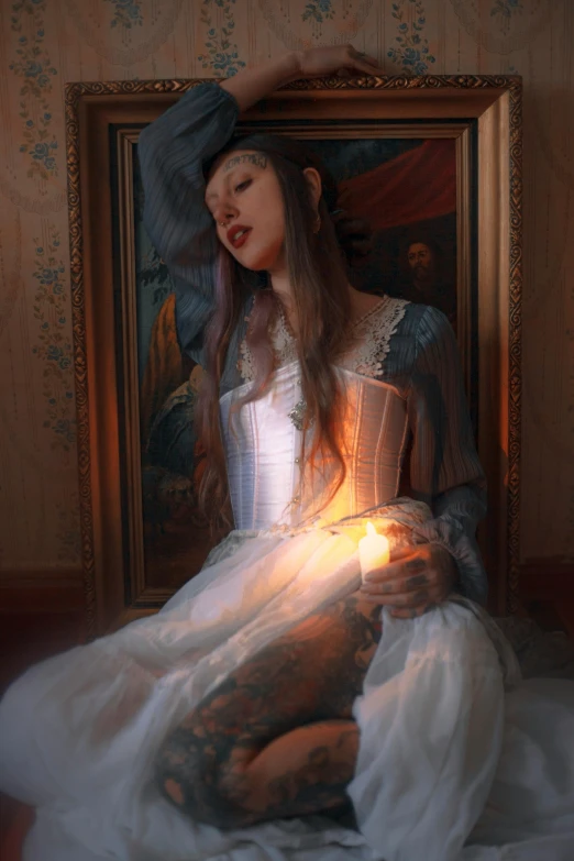 a beautiful young woman wearing a white dress sitting on a bed next to a teddy bear