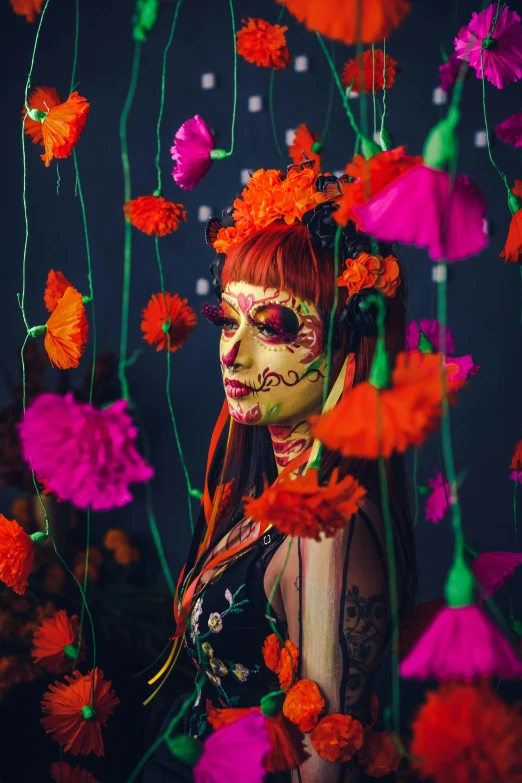 a woman with day of the dead makeup standing next to orange and pink flowers