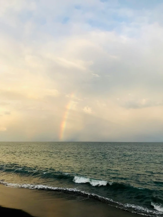 a rainbow over the ocean on a cloudy day