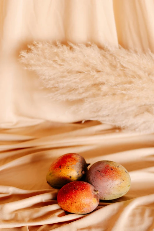 three fruits sit atop the white cloth