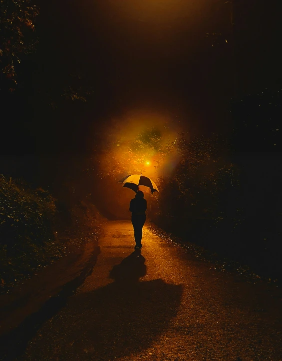 the person walking down the path is under an umbrella at night