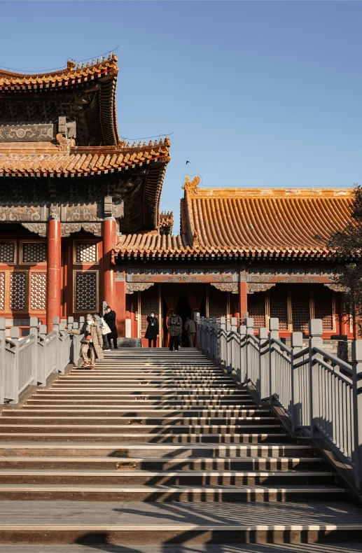 a person with a suitcase standing next to steps near asian architecture