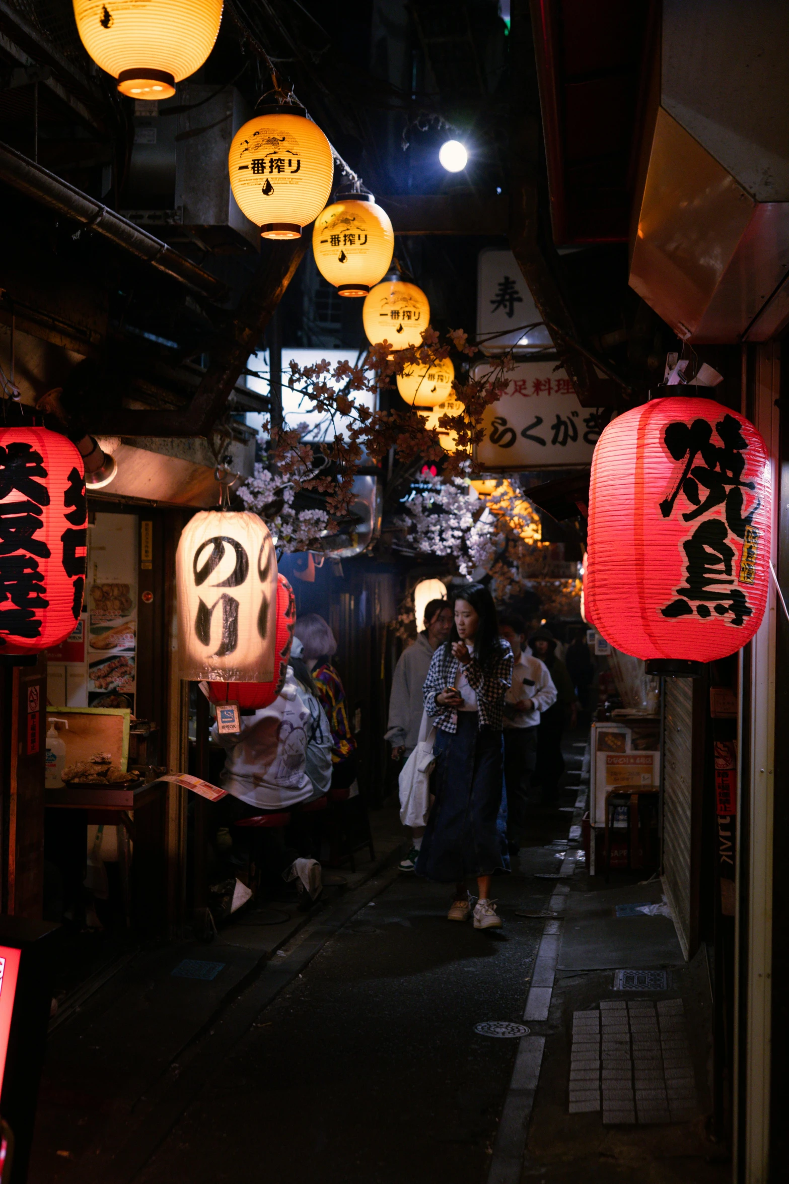 asian lanterns hung above a narrow alley way at night