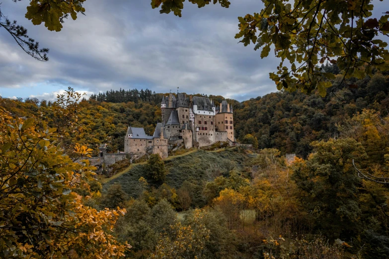 an ancient castle with a stone tower nestled in a wooded area