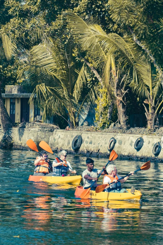 a group of people in kayaks in a body of water