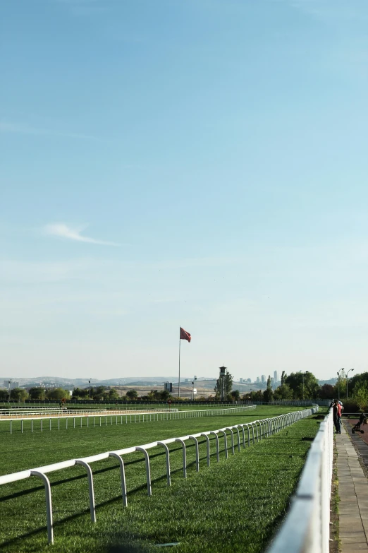 the view across a grassy race track where there are two racing horses