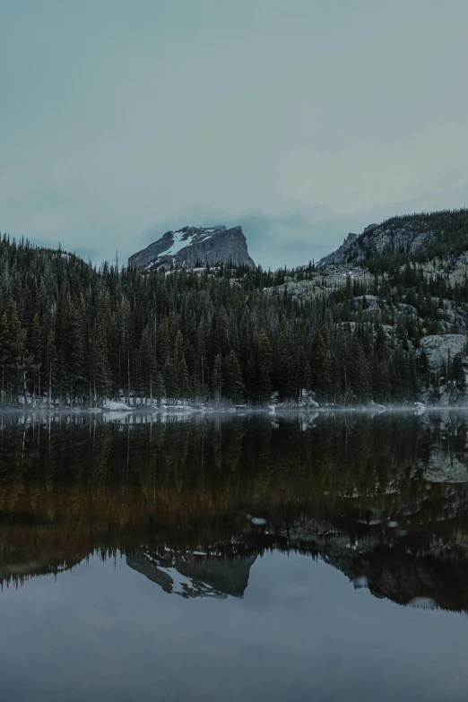 trees and mountains reflecting in a lake during the day